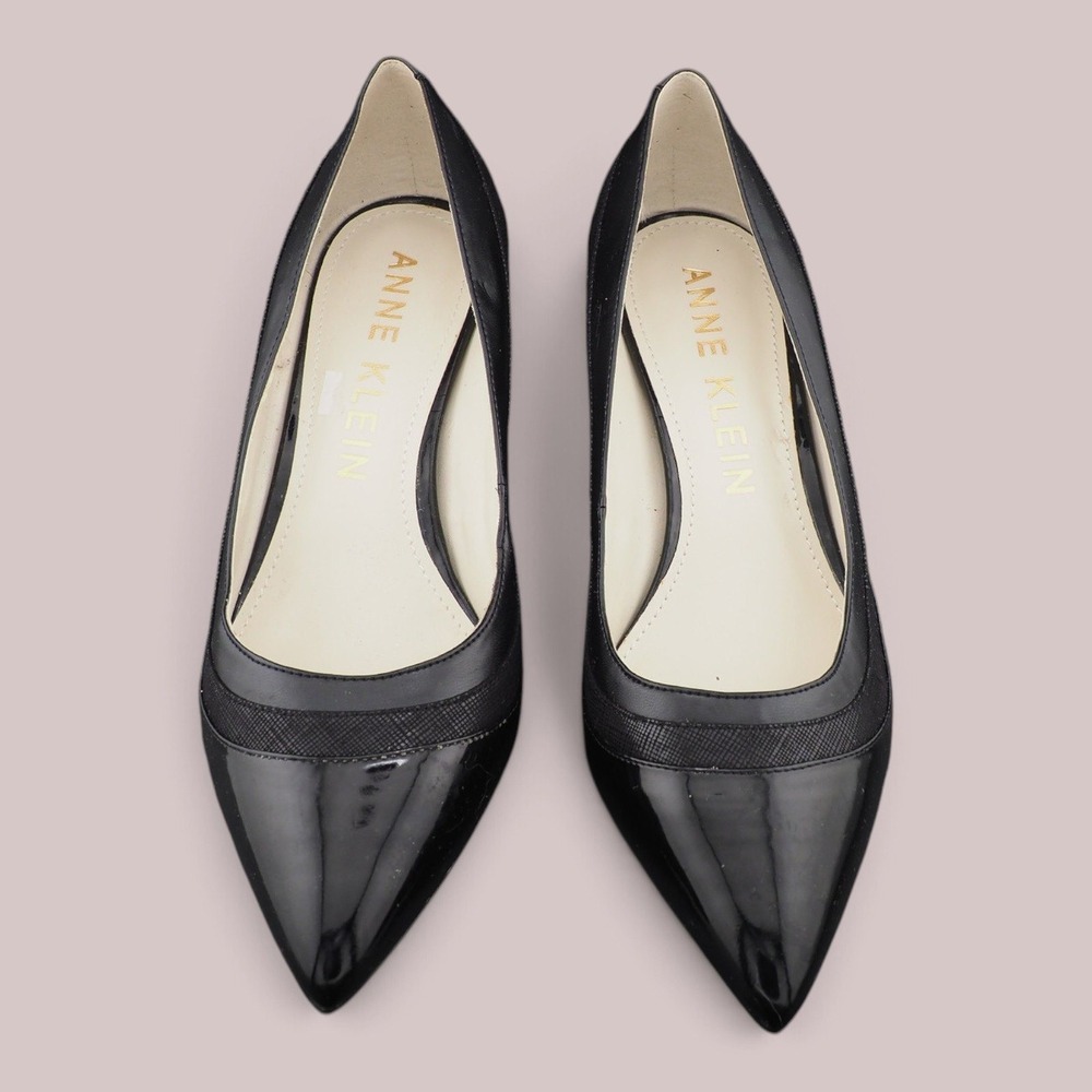Anne Klein Fairly Black Patent Pointed Toe Kitten Heel Pumps Womens 9.5M